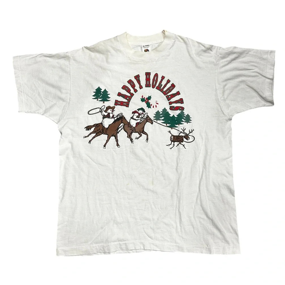 Single Stitch Happy Holidays Tshirt XL Snowmen riding horses. Preowned
